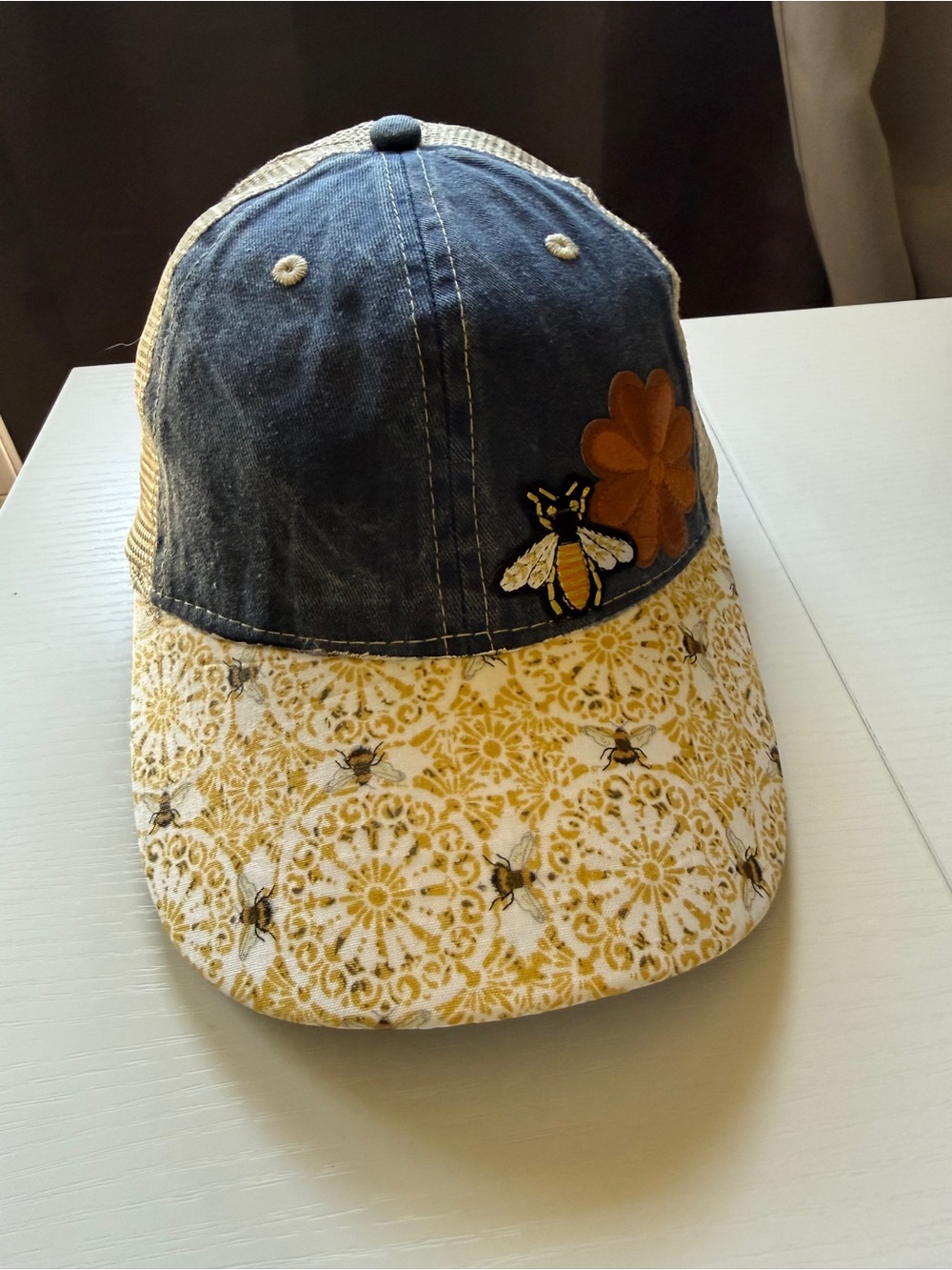 Bee Patch Trucker Hat With Floral Bill Mesh SnapBack Adjustable OS NWOT